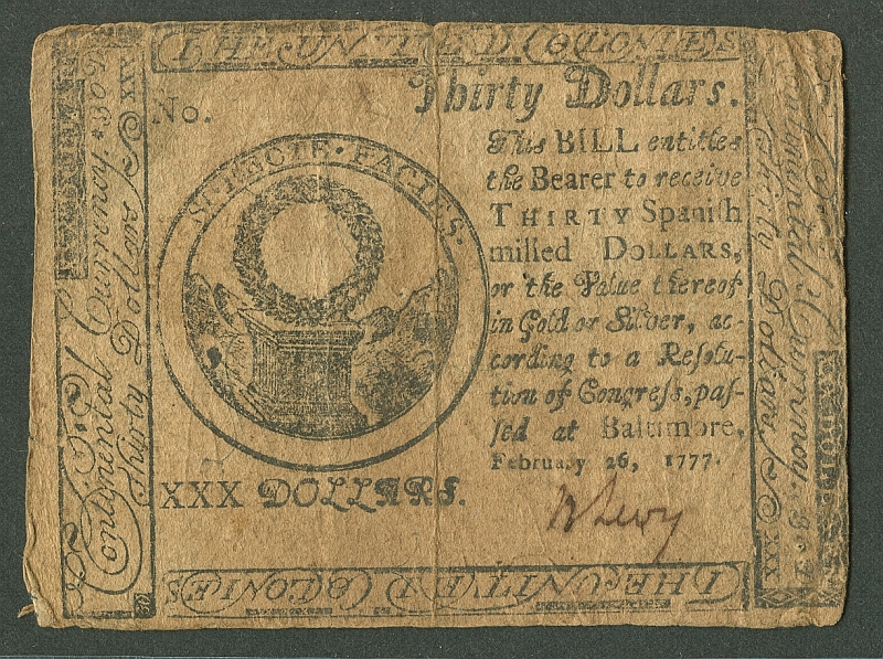 CC-62, Baltimore Maryland $30 Continental Note of Feb. 26, 1777, Signed by Ben Levy